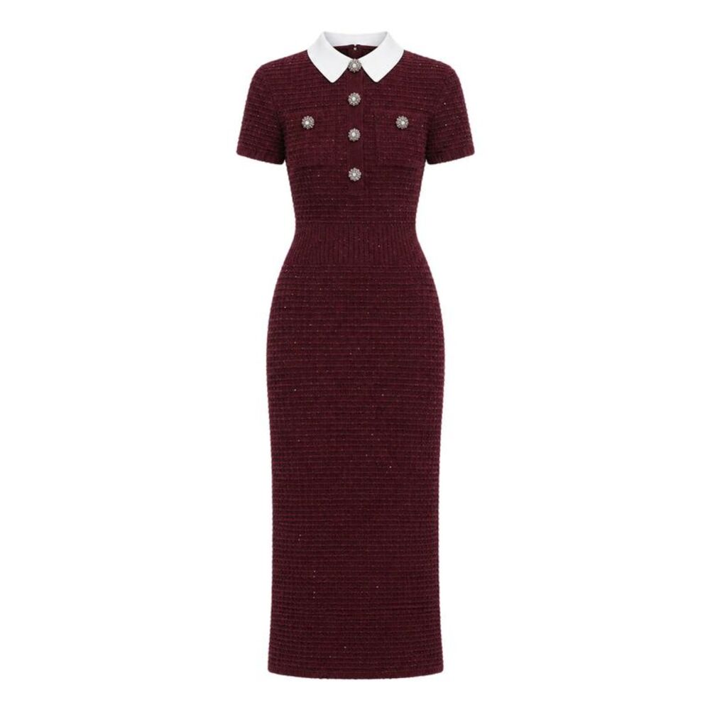 Self-Portrait Women Bordeaux Textured Knit Midi Dress